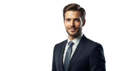 Smiling businessman in suit with blue tie in professional studio lighting for corporate branding