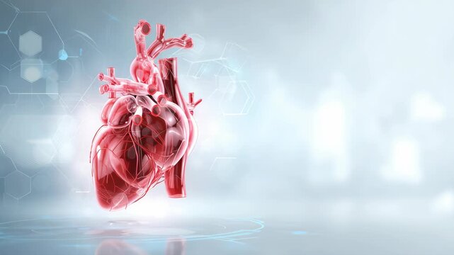 3D rendering of a transparent red human heart with medical data overlays