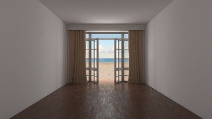 Unfurnished Interior with Sea View near the Beach. Room with Open Door Overlooking the Ocean, Beige Curtains, Yellow Sand and Clouds. Brown Parquet Floor and a White Stucco Walls. 3D illustration