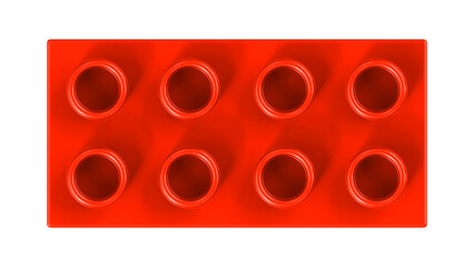 Scarlet Plastic Building Block Isolated on a White Background. Close Up View of a Plastic Children Game Brick for Constructors, Top View. High Quality 3D Rendering with a Work Path. 8K Ultra HD