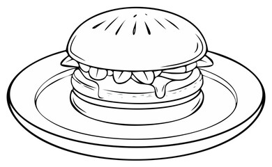 Black and white outline illustration of a burger on a plate for a coloring book page
