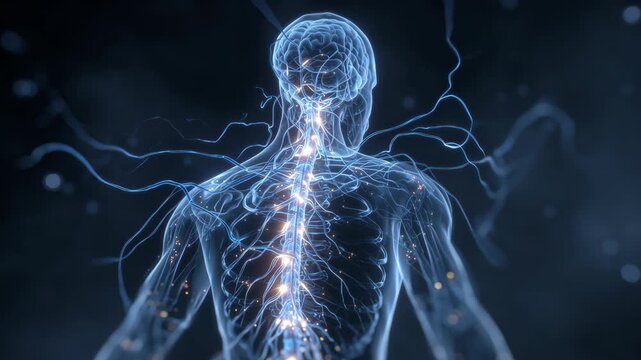 Abstract visualization of the human nervous system with glowing neural pathways and brain