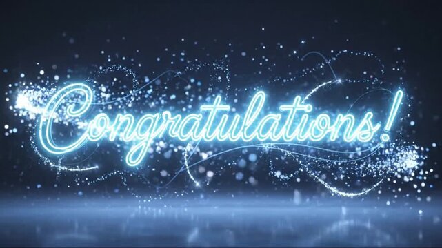 Bright neon congratulations message with sparkling effects and glowing sparkles for celebration