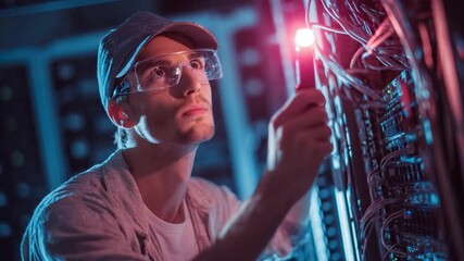 Tech Professional at Work: A focused tech specialist meticulously inspects a network server, illuminated by the glow of a flashlight. The scene emanates competence and diligence.