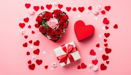 Valentine&rsquo;s Day flat lay with flowers, gift box, hearts, pastel background, top view, copy space