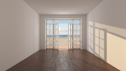 Sunny Hotel Room with Sea View near the Beach. Room without Furniture with Open Doors Overlooking the Ocean, Yellow Sand and Clouds. Dark Parquet Floor and a Cream Stucco Walls. 3D Render, 8K Ultra HD