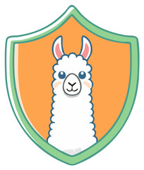 Naklejka premium Cute cartoon llama mascot inside a green and orange shield emblem for a team or gaming logo