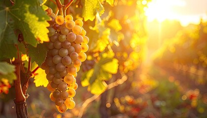 A sunlit cluster of ripe white grapes hangs in a vineyard during golden hour.