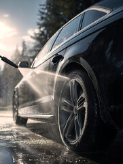 The stream of water rinsed away the dirt from the black car door