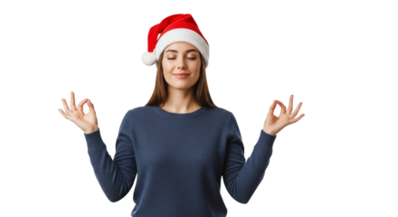 Woman in Santa hat meditating with calm pose png isolated on transparent background
