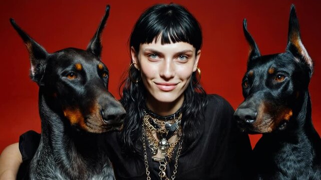 Stylish person in dark outfit poses confidently between two attentive doberman dogs creating powerful fashion portrait with loyal animal guardians