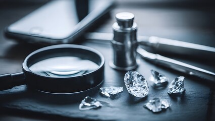 A professional close-up of a magnifying glass inspecting sparkling diamonds and gemstones on a dark surface, symbolizing luxury jewelry appraisal and expert craftsmanship.