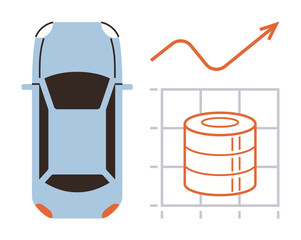 Top view of a car beside a rising graph and stacked data chart. Ideal for transportation, technology, big data, market analysis, vehicle tracking, business growth, simple flat metaphor
