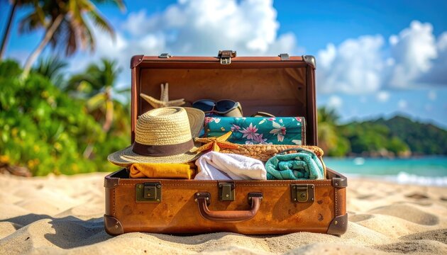 Open vintage suitcase packed with vacation items on a sunny tropical beach.