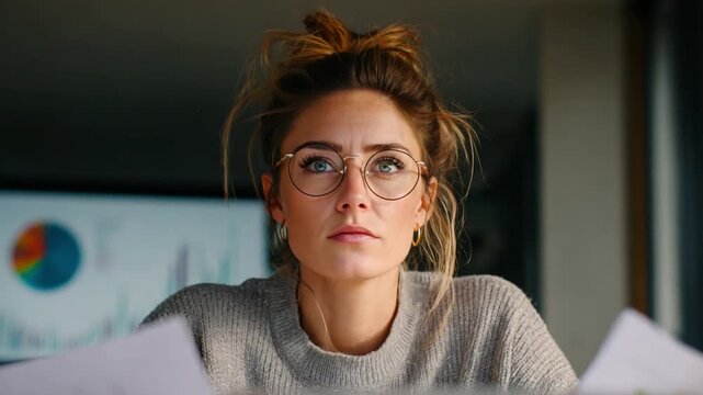 Focused Professional: A determined individual with glasses intently reviews paperwork, showcasing professionalism, focus, and attention to detail in a contemporary office setting.