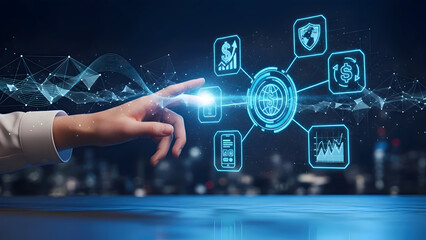 Businessman interacting with futuristic financial technology interface