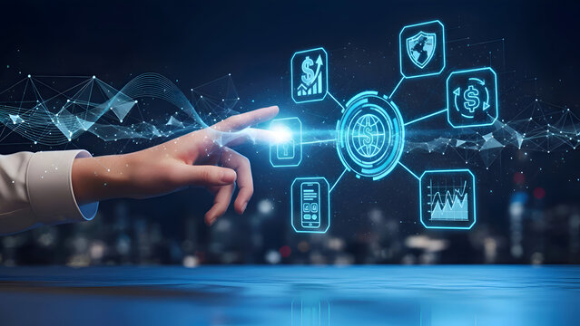 Businessman interacting with futuristic financial technology interface - Powered by Adobe