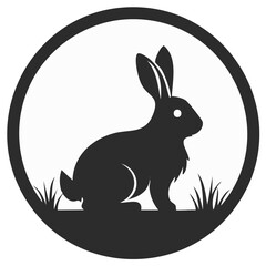 Obraz premium Black rabbit silhouette in a circular frame with grass on a white background