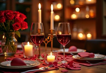 Romantic Valentine&rsquo;s Day dinner table for two, candles, wine glasses, warm intimate lighting, elegant lifestyle photo