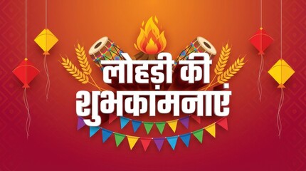 Happy lohri festival wishes in hindi with colorful flags and flame icons above the text on a gradient orange to red background