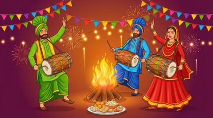 Happy lohri festival shows three figures in traditional clothing dancing around a fire with string lights above them all in vibrant colors