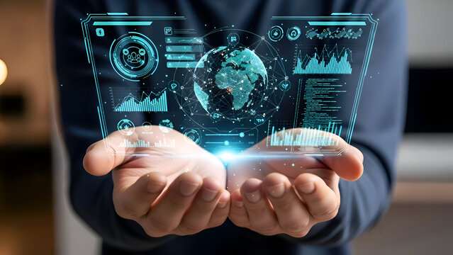 Businessman presenting futuristic global data on virtual screen in modern office - Powered by Adobe