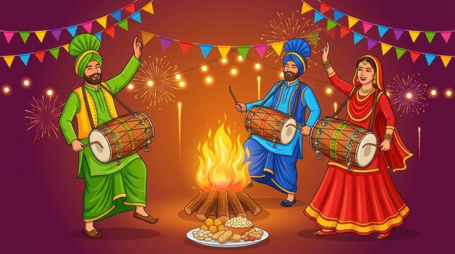 Happy lohri festival shows three figures in traditional clothing dancing around a fire with string lights above them all in vibrant colors