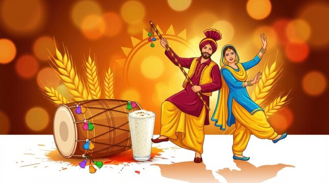 Happy lohri festival illustration showing two dancers near a drum with a bright orange and yellow light effect in the background