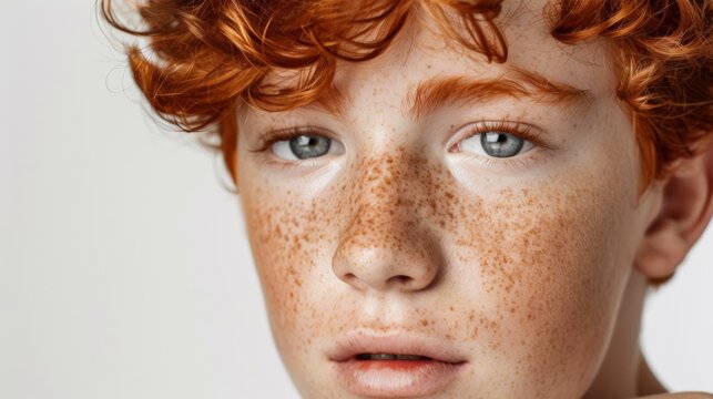The image is a close-up shot of a young individual with a pale complexion and distinctive facial features that include a head full of tight, curly red hair and a smattering of freckles across the nose