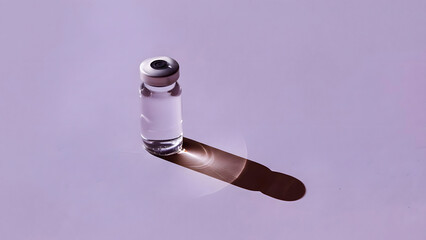 Medical glass vial with liquid vaccine on purple background with long shadow and copy space.
