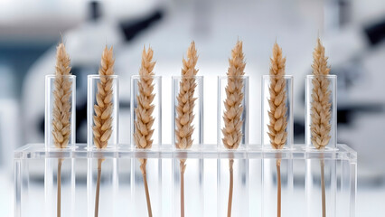 Wheat ears in laboratory test tubes for agricultural research and genetic modification concept.
