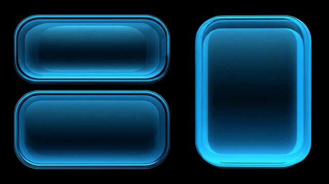 Three glossy blue buttons with rounded corners, isolated against a black background