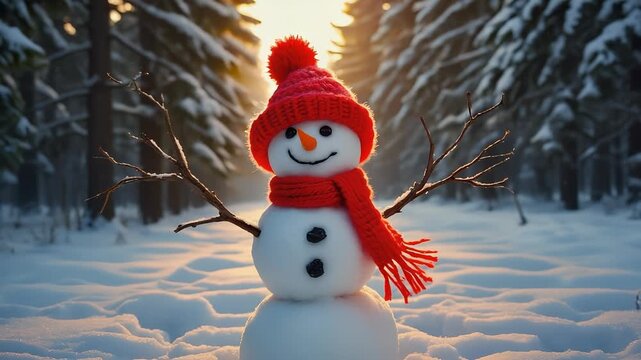 Festive Snowman Stands Smiling in a Winter Wonderland Scene, Capturing Holiday Joy and Seasonal Beauty.