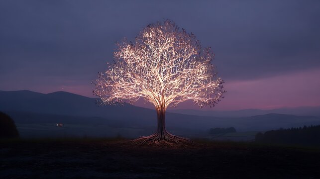 half-human half-tree form glowing in twilight, symbolizing connection between nature and consciousness, poetic realism, 