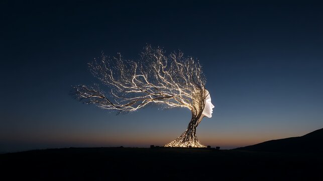 half-human half-tree form glowing in twilight, symbolizing connection between nature and consciousness, poetic realism, 