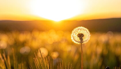 A backlit dandelion seed head glows against a brilliant sunset over a field.