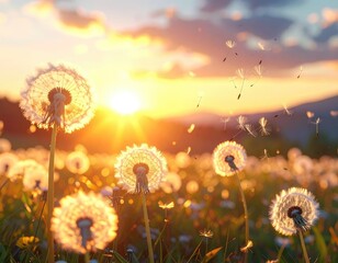 Fluffy dandelion seed heads illuminated by a vibrant golden sunset.
