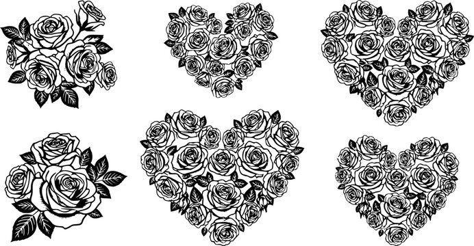 Elegant vector silhouette collection of floral bouquets and romantic heart shapes made of roses isolated on white background
