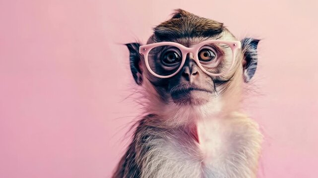 Cute small monkey wearing large glasses stares at camera on pastel background creating humorous animal character portrait