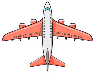 Colorful cartoon airplane in flight, top view, with orange wings.