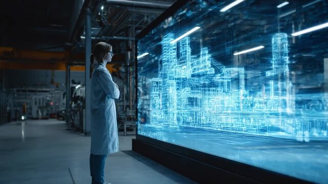 Vision of Future Technology: A forward-thinking specialist wearing a lab coat examines a massive digital blueprint of a futuristic industrial site. Witnessing technological innovation at its finest.