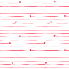Hearts lines hand drawn pattern. Hearts and wavy stripes girly print