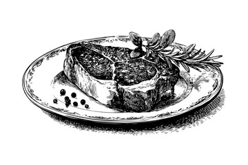 Juicy grilled steak garnished with herbs and peppercorns on ornate plate, detailed engraving style on white background, concept of gourmet meal