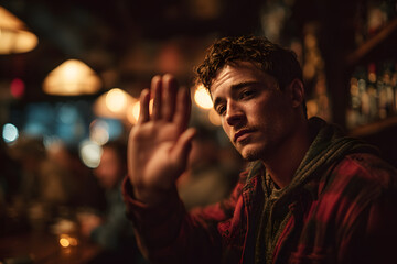 A person refusing a shot of alcohol with a raised hand gesture in a bar setting, signaling abstinence and promoting a healthy lifestyle choice against alcohol abuse.