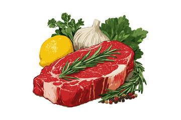 Raw steak garnished with rosemary, garlic bulb, lemon, greens, and peppercorns in a hand-drawn style on a white background, concept of cooking prep