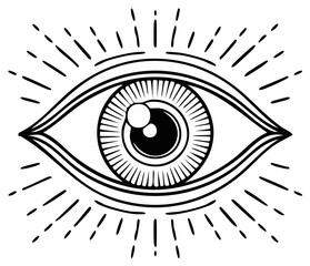 Stylized eye illustration with radiating lines symbolizing enlightenment and vision