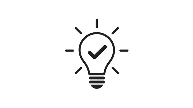 Lightbulb with Checkmark in Simple Line Art Style with Black Color on White Background for Icon or Logo