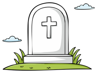 Fototapeta premium Hand drawn style gravestone with cross, green grass, and clouds, memorial concept