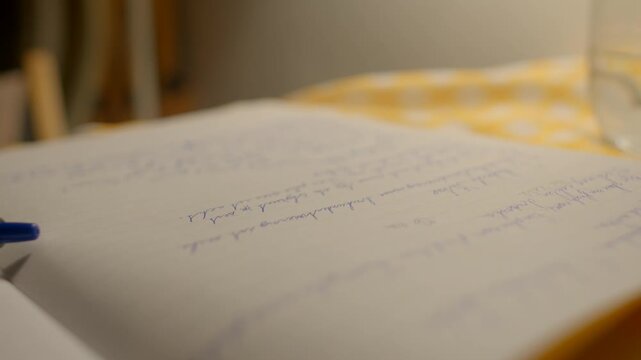 closeup notebook on table with pen and handwritten notes, warm lamp glow, yellow check cloth, glass cup at edge, shallow depth of field, quiet reflective mood for writer, student, planner or creative