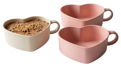 Three heart shaped mugs isolated on transparent background